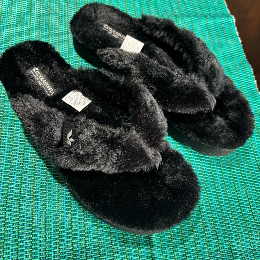 UGG Black Plush Flip-Flop Slippers